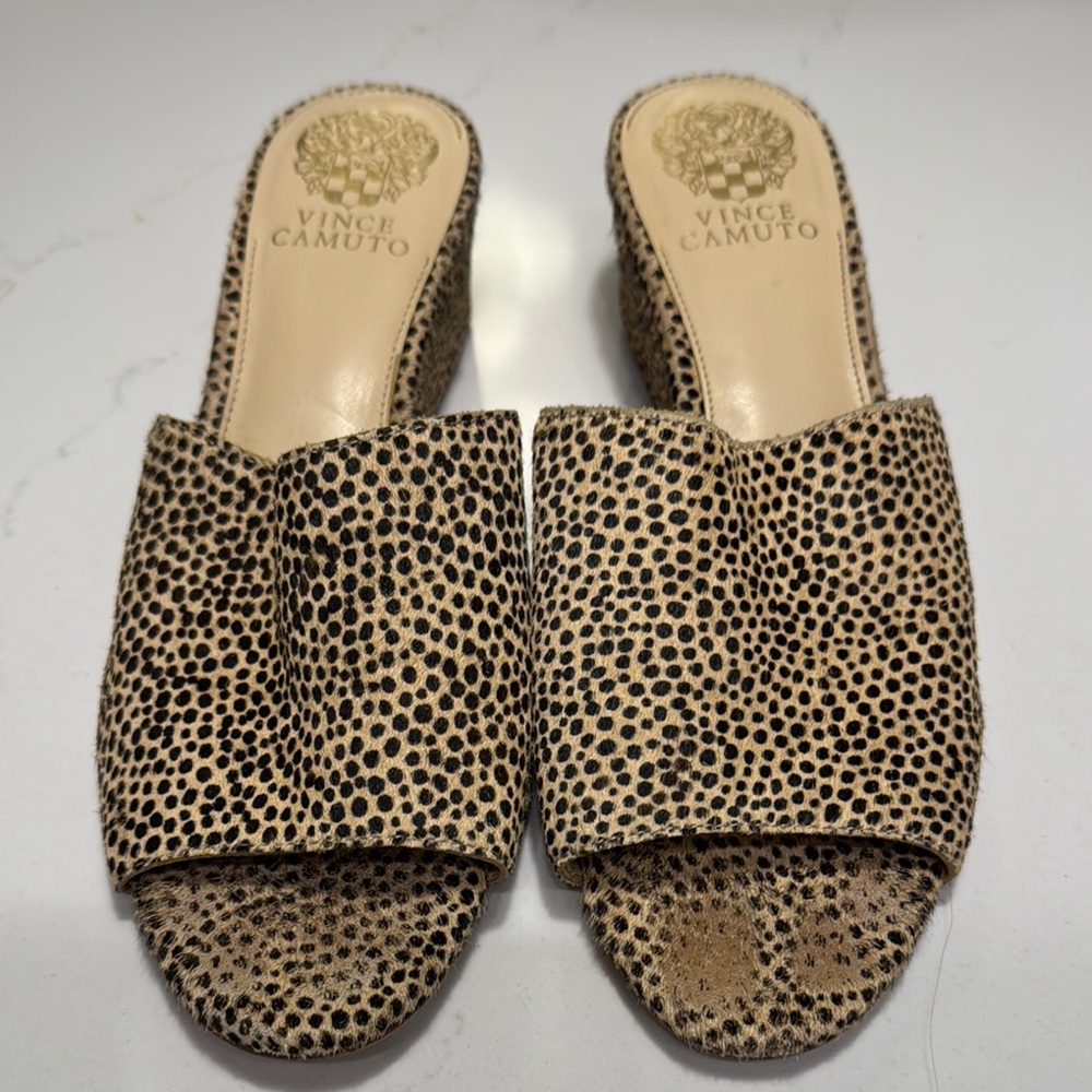Vince Camuto Tan and Black Mules with Leopard Print